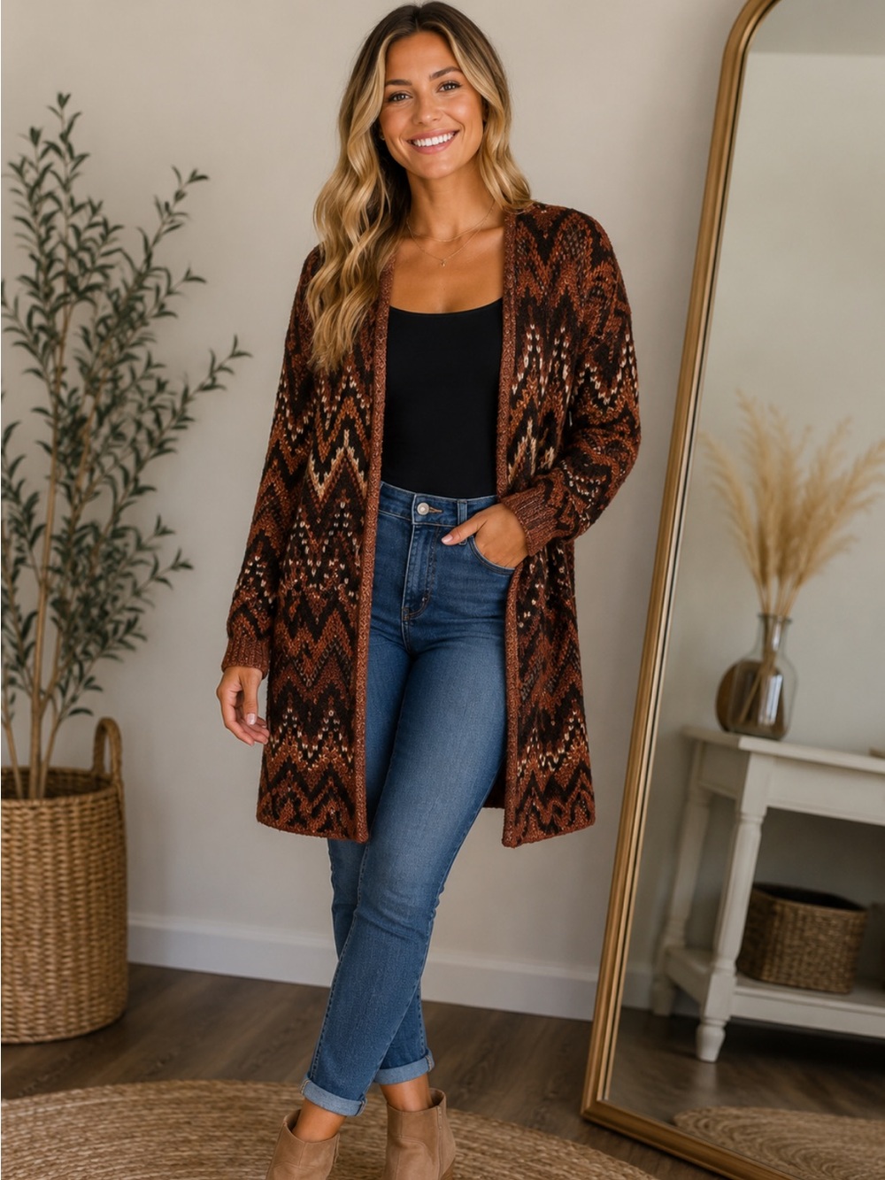 Lucky Brand Burnt Orange & Black Zigzag Open Cardigan